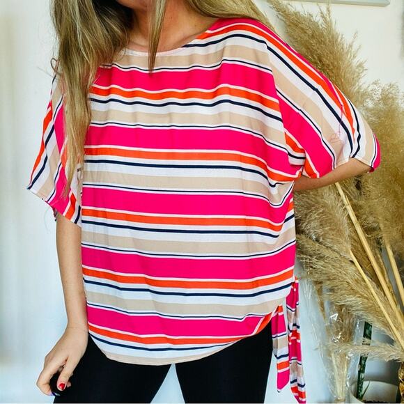 MICHAEL KORS Pink White Striped Side Tie Short Sleeve Tunic Blouse Top Shirt 3X - Picture 2 of 11